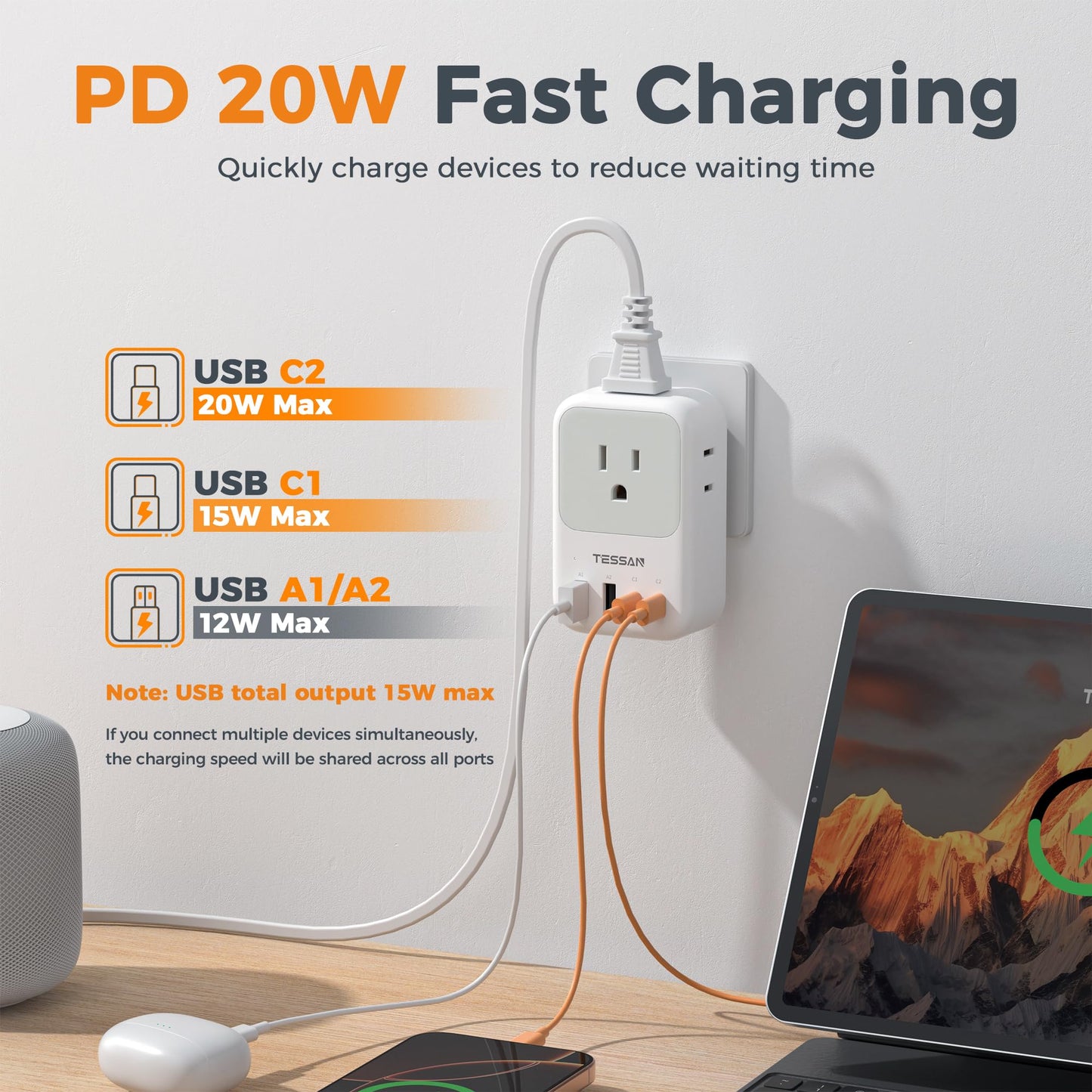 TESSAN USB C Charger Block 20W PD, Fast Charging Adapter with Foldable Plug