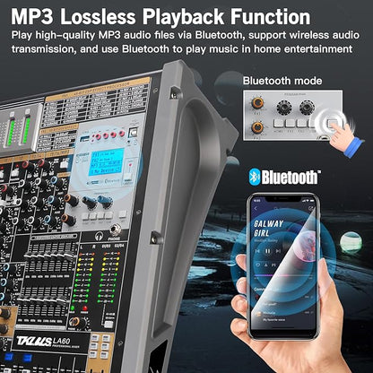 Professional Audio Mixer, 12 Channel Sound Board Mixing Console, Dual DSP Reverb Studio Mixer Board, Dual 7-Band EQ, 48V Phantom Power, 4 Group Stereo Output Input, PAD