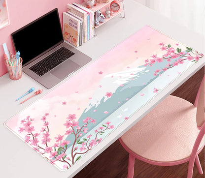 Japanese Desk Mat Pastel Pink Cherry Blossom Mouse Pad Mt Fuji Japan Large Gaming Anime Mousepad XXL 31.5x15.75 in, Kawaii Aesthetic Flower Cute Women Office Decor Computer Laptop Keyboard Mat