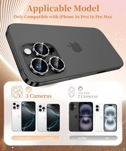 GolbinBox Camera Lens Protector for iPhone 17 Pro Max/17 Pro/16 Pro Max/16 Pro, 1:1 Invisible Fit, 9H Tempered Glass Ultra HD Metal Individual Camera Cover for Women, Case Friendly,Bling/Black