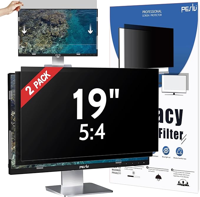 Peslv [2-Pack] 19 Inch Privacy Screen for Computer Monitor 5:4 Aspect Ratio, Eye Protection Anti Blue Light Glare Shield, 19inch Removable Black Blackout Anti Spy Desktop Security Private Filter