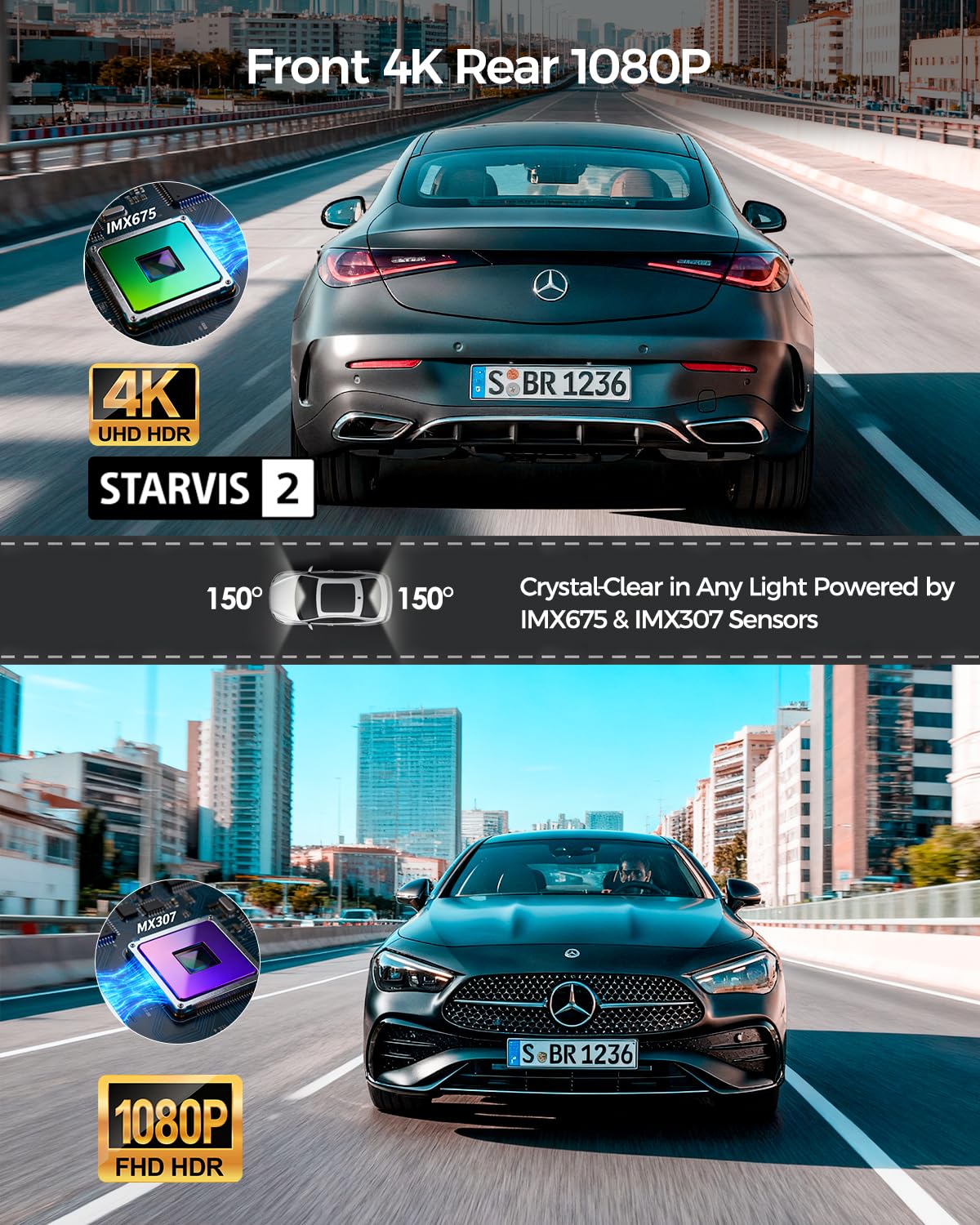 HUPEJOS 4K Dash Cam Front and Rear,STARVIS 2 HDR Dash Camera for Car