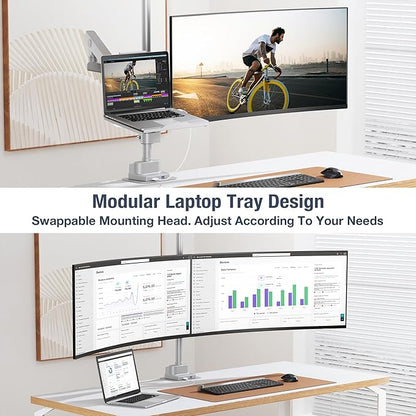 AVLT Laptop & 40 Inch Monitor Arm Pole Top Mount with USB-C USB-A Ports-Gray, VESA Compatible, Supports 26.4 lbs (12 kg), Ultrawide Screen Fit, Adjustable Height, Tilt Swivel Rotate, Cable Management