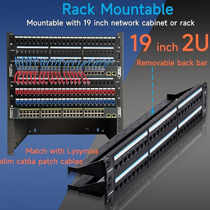 48 Port RJ45 Cat6 Patch Panel, 19 Inch, Black, Easy Install & Repair, Gold Plated Keystone, Rack Mountable