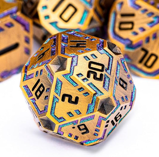 OGCOPHEN Metal DND Sci-fi Dice Set 7PCS Stripe Polyhedral Dice for Dungeons Dragons RPG Role Playing Game, Glitter D and D Dice with Gift Box D6 D8 D10 D12 D20 (Ancient Gold&Green Purple)