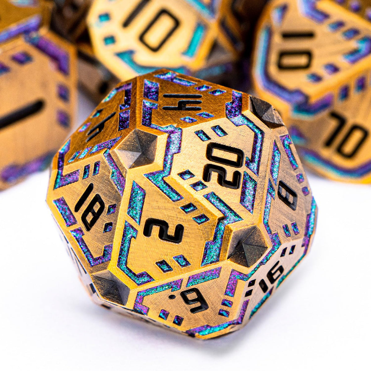 OGCOPHEN Metal DND Sci-fi Dice Set 7PCS Stripe Polyhedral Dice for Dungeons Dragons RPG Role Playing Game, Glitter D and D Dice with Gift Box D6 D8 D10 D12 D20 (Black&Blue Purple)