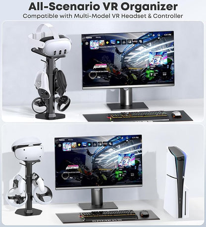 Headphone & Controller Stand with VR Headset Holder for Desk, Universal Gaming Controller & Headset Holder for PS5/Xbox/PSVR2/Meta Quest Pro/3/2, Headphone/Controller/VR Storage with Cable Organizer