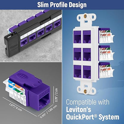Everest 45° Angled RJ45 Cat6 Keystone Jacks 20-Pack in Purple - Slim Profile Female RJ45 Connectors - Cat 6 Keystone Jack - Compatible with 45° Angled Speed Termination Tool - 45Term (B0BL3GS7ZY)