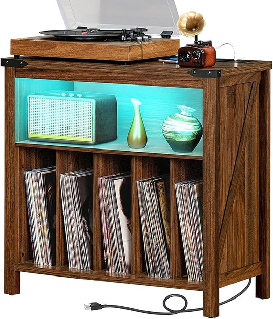 Joaxswe Large Record Player Stand with Charging Station & LED Lights, Vinyl Records Storage Holder Cabinet Holds up to 230 Albums, Turntable Stand for Music Room, Bedroom, Living Room, Office (Brown)