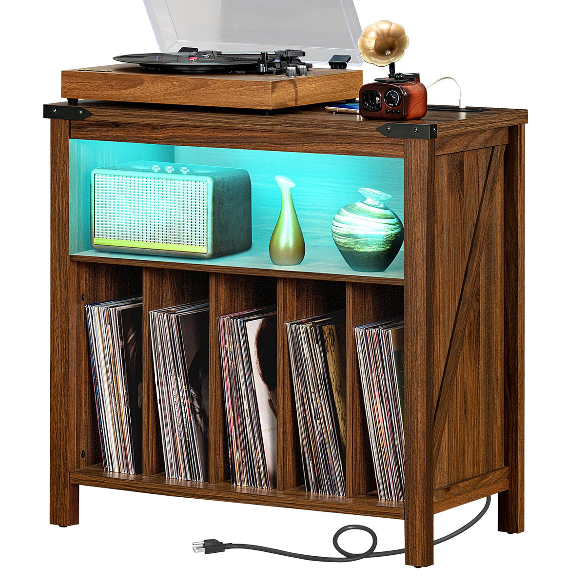 Joaxswe Large Record Player Stand with Charging Station & LED Lights, Vinyl Records Storage Holder Cabinet Holds up to 230 Albums, Turntable Stand for Music Room, Bedroom, Living Room, Office (White)