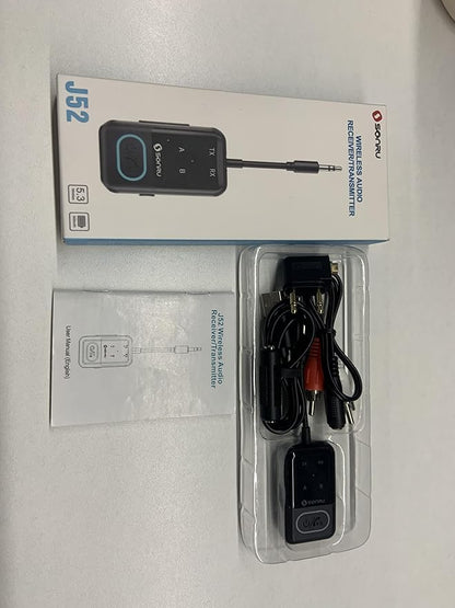 SONRU Bluetooth 5.3 Transmitter Adapter for Airplane 2-in-1 Wireless Bluetooth Audio Transmitter Receiver for 3.5mm Aux Jacks on Flight/TV/Gym Equipment, for up to 2 Wireless Headphones, Cell Phones