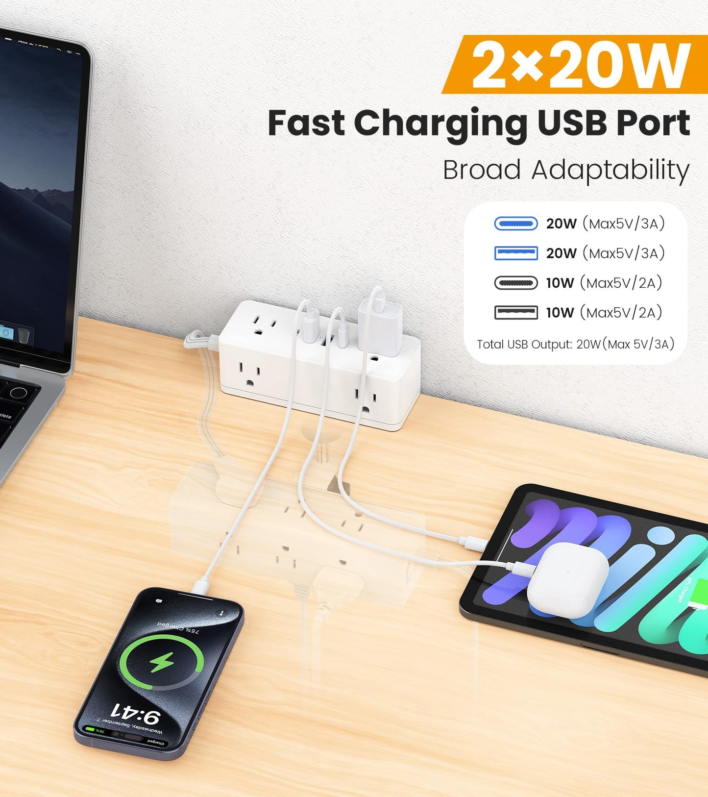 VILONG Dual Layer Desk Clamp Power Strip, 13 Outlets, 20W USB-C, 10FT Cord