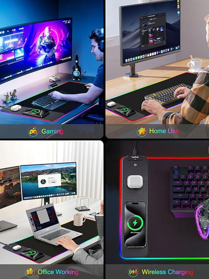 TopMade Wireless Charging RGB Mouse Pad, Waterproof Gaming Desk Pad with 4 Light Modes & 11 RGB Colors, Ultra-Smooth Surface, Non-Slip Base, 31.5"x15.75" XXL Large Desk Mat for MacBook, PC, Laptop