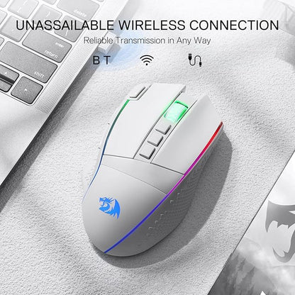 Redragon M991 Wireless Gaming Mouse, 26000 DPI 3-Mode Gamer Mice w/Rapid Fire Key, 9 Macro Buttons, Powerful Capacity and RGB Backlight for PC/Mac/Laptop, White
