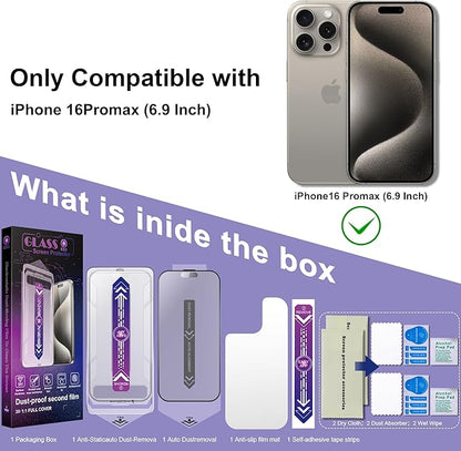 2 Pack Matte Screen Protector for iPhone 16 Pro Max, 9H Tempered Glass, Full Coverage, Anti-Fingerprint, Auto Dust-Elimination, No Bubble, Easy Installation