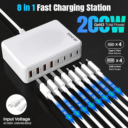 200W GaN III 8-Ports USB C Fast Charger, Type C Block, QC4.0 Fast Phone Charging Station Hub PD 65W Laptop Charger Power Adapter for iPad/Air/Pro iPhone 16/15 MacBook Pro/Air, Galaxy Phones, Tablet