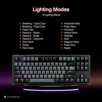 TECWARE Phantom+ Elite 87 Key RGB Mechanical Gaming Keyboard | 3 Mode Wireless Bluetooth 5.0 2.4GHz & USB C Wired | Hot Swappable 5 Pin | Double Shot PBT Keycaps | Wraith Pink Switch - Black