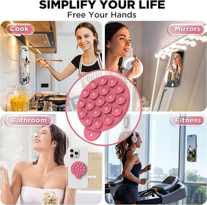 Magnetic Suction Cup Phone Mount for MagSafe Case, Silicone Hands-Free Grip Holder for iPhone and Android, Mirror Shower Phone Stand for Makeup FaceTime Gym Kitchen Bathroom, Camellia Red