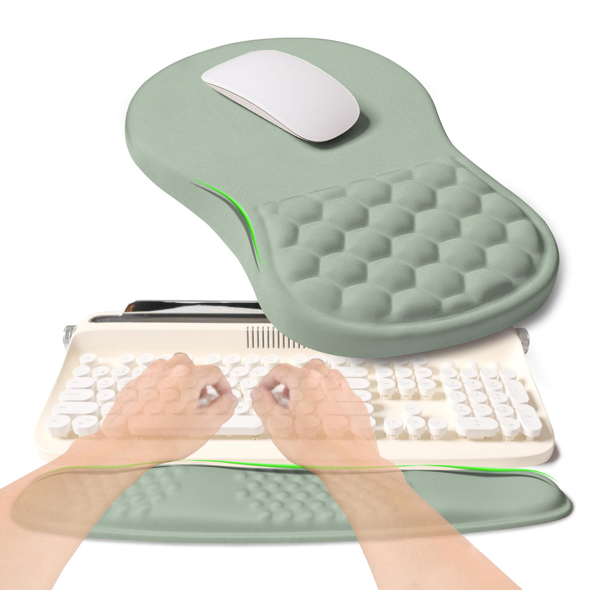 KUOSGM 2-in-1 Ergonomic Set, Wave Rise Keyboard Wrist Rest and Massage Bulge Slope Mouse Pad Wrist Support, Cushion Memory Foam Integrated to Relieve Wrist Pain, Cute Cat Paws