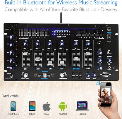 Pyle 6 Channel Mixer, Bluetooth DJ Controller, Stereo Mixer, Professional Sound System, LED Illumination, Mixer Digital Audio, Digital Mixing System, Speed Control, 5U Rack Mount System (PYD1964B)