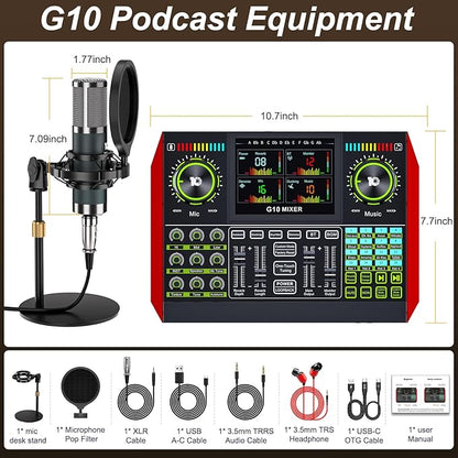 G10 podcast equipment bundled with audio mixer integrated podcast production studio, equipped with P15 microphone, used for live streaming, podcast recording PC,YouTube Recording