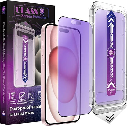2 Pack Anti Blue Light Matte Screen Protector for iPhone 14 Pro/iPhone 15 / iPhone 16, 9H Tempered Glass, Full Coverage, Anti-Fingerprint, Auto Dust-Elimination, No Bubble, Easy Installation