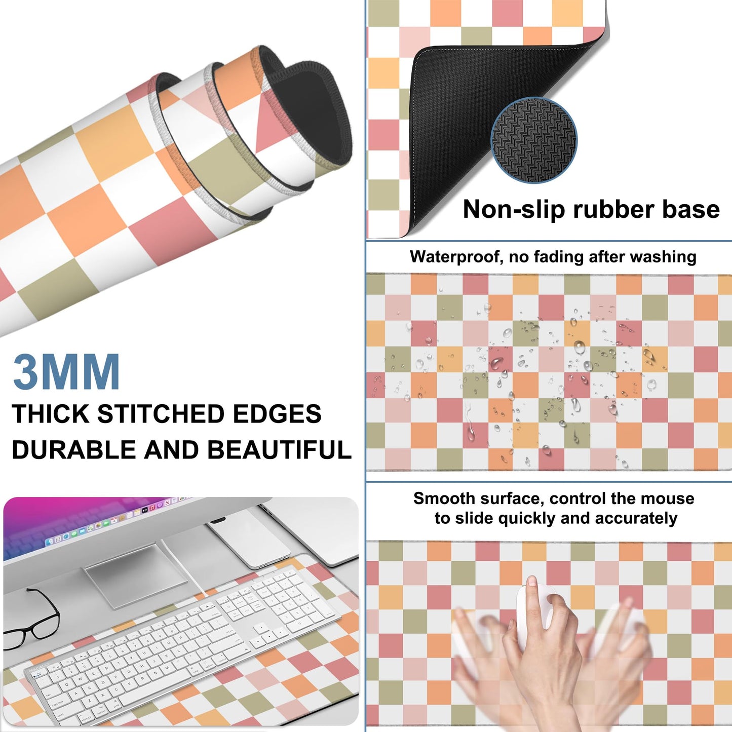 NITAHHHY Gaming Desk Pad Large Extra Length Multicolored Chess Board Mouse Pad Keyboard Laptop Non-Slip Waterproof with Rubber Base Thick Stitched Edge Mouse Mat for Office Home 35.4 x 15.7 Inches