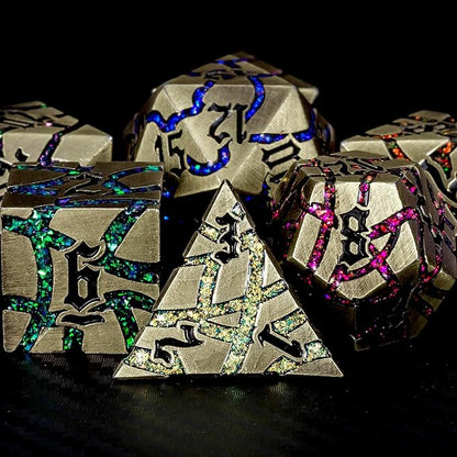 Metal DND Dice Set, 7PCS Polyhedral D&D Dice Set,Glitter Crack Dice Set for Dungeons and Dragons Role Playing Game(Antique Blue 7 Colors)