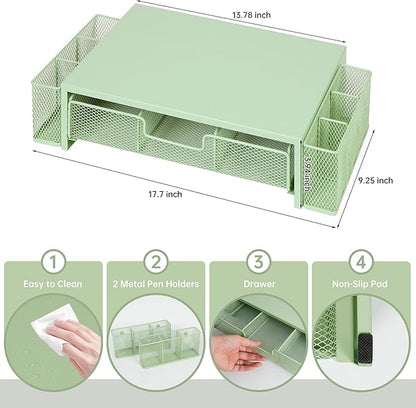 Computer Monitor Stand Riser with Drawer and Pen Holders, Desk Organizer Shelf and Accessories, Office Desk Accessories, Office Organization, Green