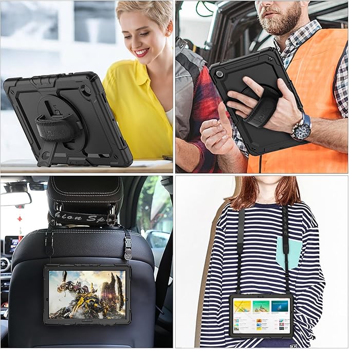 SEYMAC stock Case for Samsung Galaxy Tab A8 10.5'', Full-Body Drop Protection Case with Screen Protector Pencil Holder [360° Rotating Hand Strap] &Stand, Black