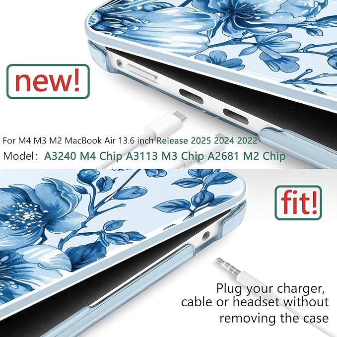TWOLSKOO Compatible with M4 MacBook Air 13.6 inch Case 2025-2022 Release M4 A3240 M3 A3113 M2 A2681, Plastic Hard Shell & Keyboard Cover & Type C Adapter & Screen Protector, Blue Chinoiserie