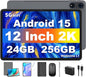 Tablet 12 inch Android 15 Tablets, 24GB（8+16）RAM+256 Storage(Expand to 1TB), Android Tablet with Keyboard, Octa-Core, 2K 2000x1200 Display, 16MP Dual Camera, 8000mAh, 5G WiFi,GPS,Bluetooth 5.0（Silver）