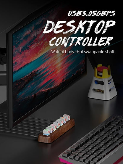 Walnut Wood 7-Port Powered USB 3.0 Hub, 5Gbps Data Transfer, Independent Hot-Swappable 3-Pin Mechanical Keyboard Switch Expander, RGB Backlit Docking Station-FU07