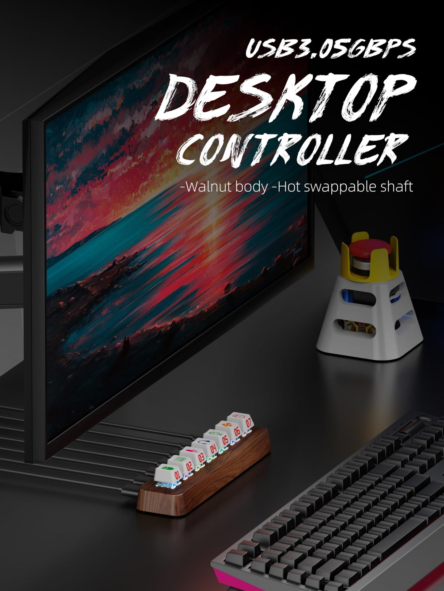 FEIFANZHE Walnut Wood 7-Port Powered USB 3.0 Hub, 5Gbps Data Transfer, Independent Hot-Swappable 3-Pin Mechanical Keyboard Switch Expander, RGB Backlit Docking Station-FU07