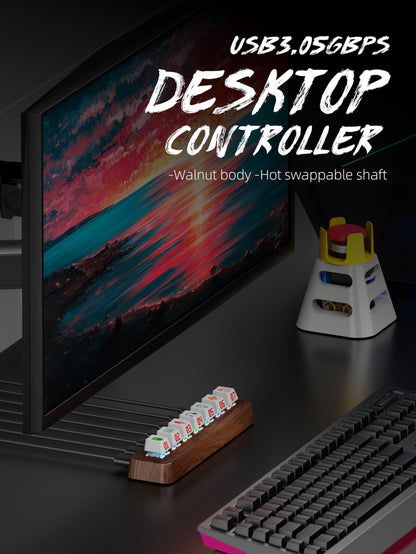 FEIFANZHE Walnut Wood 7-Port Powered USB 3.0 Hub, 5Gbps Data Transfer, Independent Hot-Swappable 3-Pin Mechanical Keyboard Switch Expander, RGB Backlit Docking Station-FU07