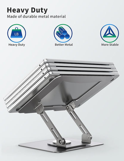 SOUNDANCE Laptop Stand with 360° Rotating Base, Ergonomic Computer Riser for Desk, Adjutable Height Muti-Angle, Foldable Laptop Mount, Stable Metal Holder Support 10-15.6" Notebook PC, Silver Grey