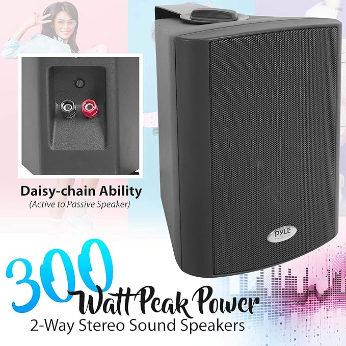 Pyle Wall Mount Home Speaker System - Active Passive Mountable Bookshelf Indoor Studio Garage Patio Stereo Sound Home Theater Speaker, Wireless Bluetooth Speaker Set W/ Aux & RCA - PDWR53BTBK (Black)