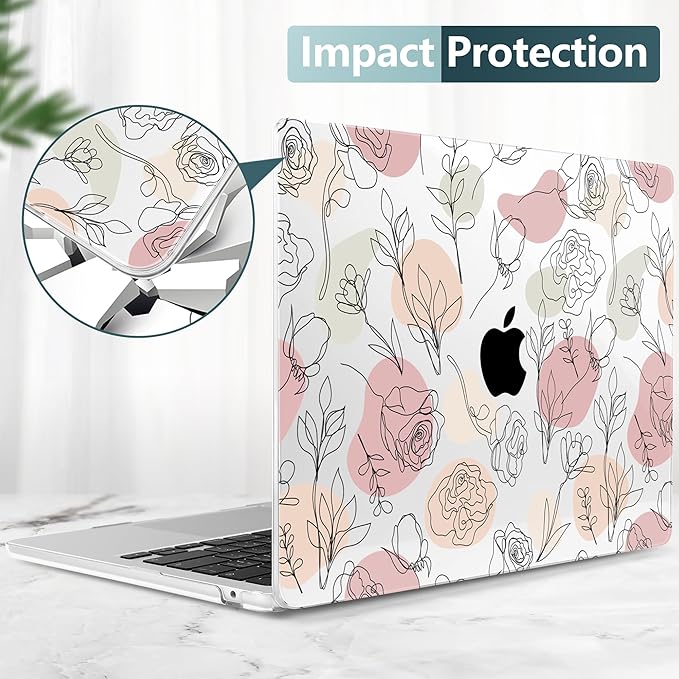 TWOLSKOO Compatible with M4 MacBook Air 15 inch Case 2025-2023 Released Model M4 A3241 M3 A3114 M2 A2941, Plastic Hard Shell & Screen Protector & Keyboard Cover & Trackpad Film, Line Flowers