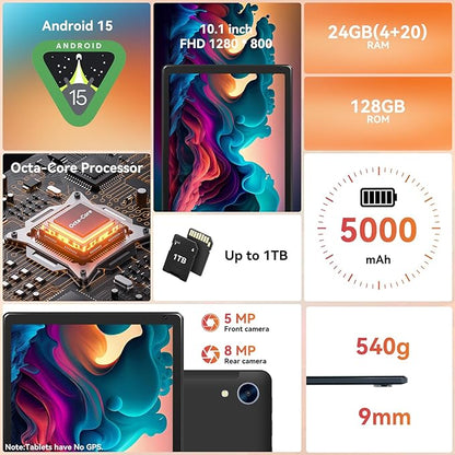 Tablet,10.1" Android 15 Tablet with Octa-core Processor 24GB RAM 128GB ROM HD IPS Touchscreen 8H Battery, Wi-Fi 6, BT 5.0, Dual Camera, Android 15 Tablets with Keyboard Mouse Stylus Case Headphone