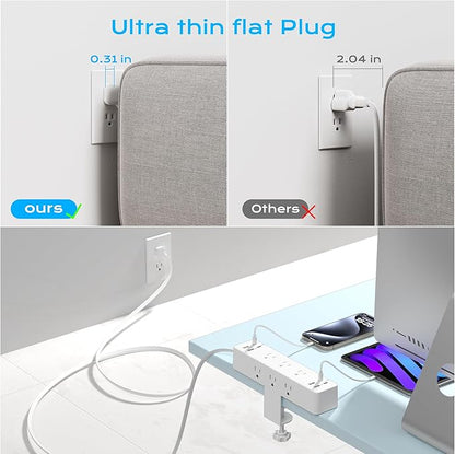 Flat Plug Desk Clamp Power Strip 10FT, 24W Total Charging Station, Desk Edge Mount Power Strip 9 AC Outlets 8 USB Ports Surge Protector, Fit 1.7" Tabletop Edge, Home Office Accessories, White