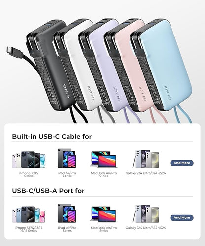 1 Pack Portable Charger with Built-in USB-C Cable & Plug, 10,000mAh 5V/4.5A Power Bank Fast Charging 22.5W, Travel Essential Battery Pack 3 Output for iPhone 16/15 Series, Samsung Galaxy, iPad