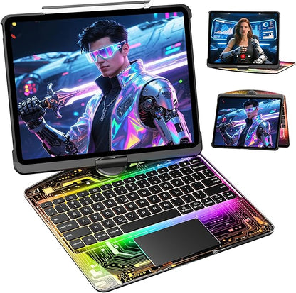 KITONE Transparent Case with Wireless Keyboard for iPad Air 13-in.(M3/M2, 2025/2024), 7 Colors Backlight, Trackpad, 360°Rotating Stand for iPad Pro 12.9-in (6/5/4/3 Gen), Tech Style