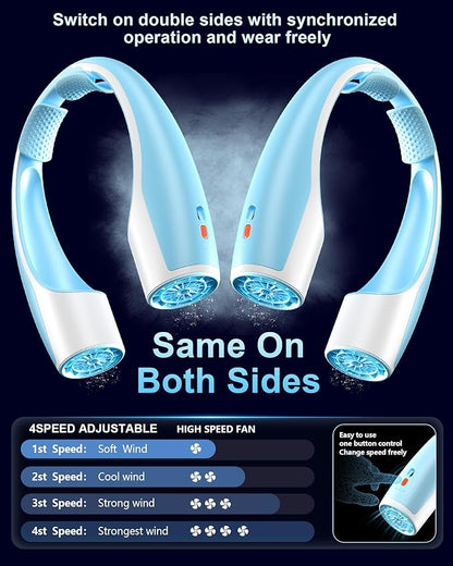 AI Neck Fan, 4 Speeds Adjustable Portable Personal Fan Rechargeable, 4000 mAh Battery Faster Cooling Wearable Fan, Ultra Quiet for Home, Office, Travel, Outdoor - White Blue