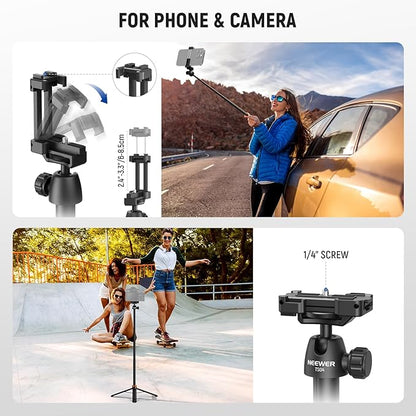 NEEWER BASICS 59"Selfie Stick Tripod Compatible with iPhone & DLSR Camera, Small Metal Compact Portable Travel Desk Stand with Remote Ball Head 2in1 Cell Phone Holder Mount for Video Recording Filming