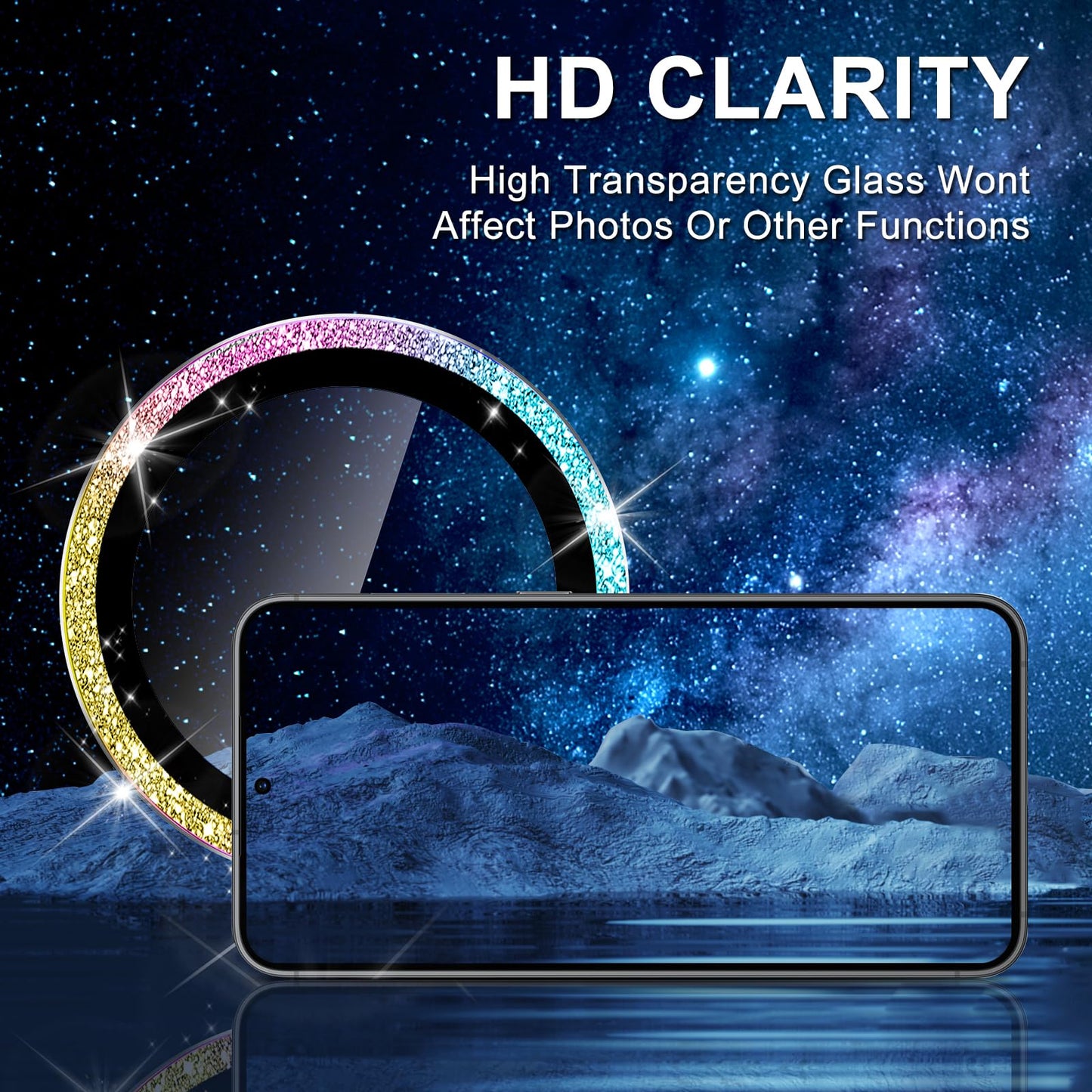 Avocase for Samsung Galaxy S25 Camera Lens Protector, Individual Metal Ring Tempered Glass Lens Cover, [Strong Adsorption] Scratch Resistant Ultra-Thin HD Clear Lens Cover, 1 Set-Colorful Sparkly