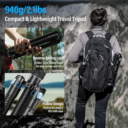 SIRUI 60" Carbon Fiber Tripod for Camera with 360° Panoramic Ball Head, Arca QR Plate, Compact Lightweight 2.1lbs Travel Tripod for DSLR Video Camcorder, Max Load 10kg, Traveler X-III