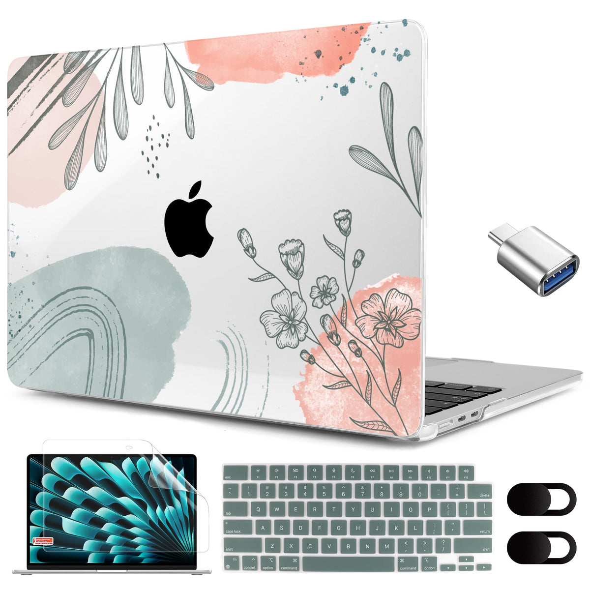 MEEgoodo for M5/M4/M3/M2 MacBook Air 15 inch Case 2026 2025 2024 2023, Case Fit Model (A3448/A3241/A3114/A2941) for MacBook Air 15.3 inch, Gold Flowers Lilies