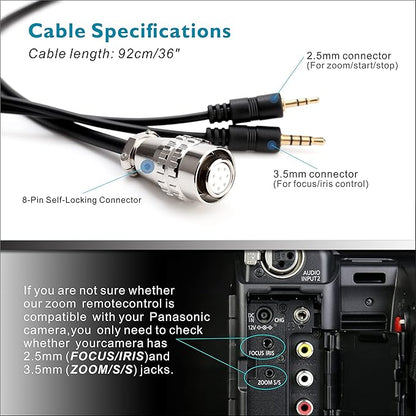 Camcorder Zoom Controller, Remote Control Zoom, Iris, and Focus Control + 2.5mm and 3.5mm Jack Cable for Panasonic HC-X1 HC-PV100 AG-UX90 AG-UX180 HC-X1000 AG-AC30 AG-AC90 AU-EVA1 Camera.