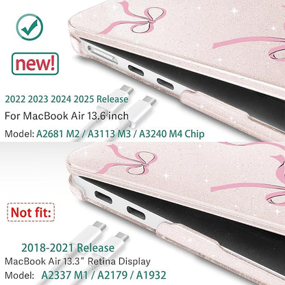 May Chen for MacBook Air 13.6 inch Case A3240 M4 A3113 M3 A2681 M2 with Retina Dispaly, 2025 2024 2023 2022 Release, Plastic Hard Shell Case with Keyboard Cover, Sakura Pink Glitter Bow