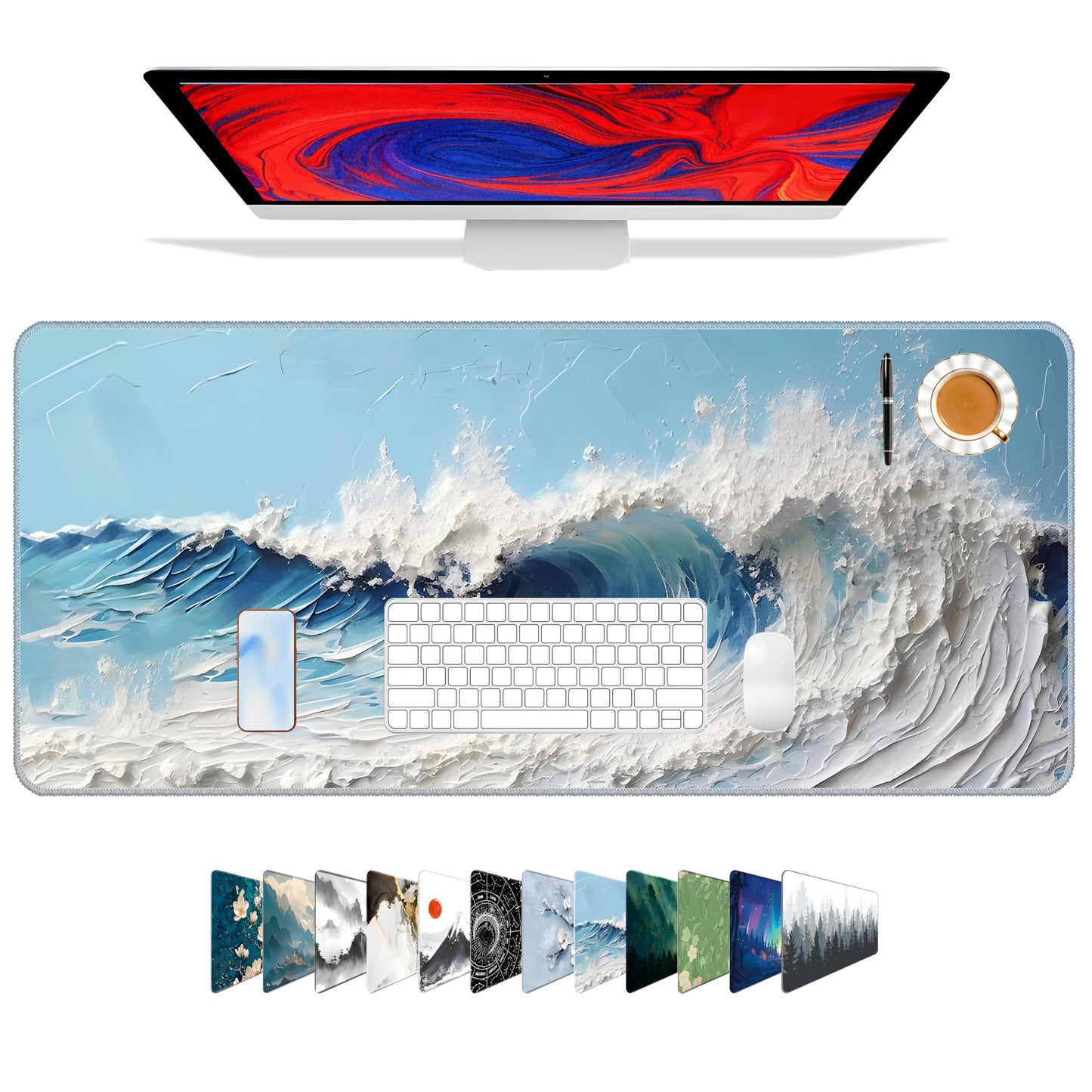 Galdas Gaming Mouse Pad XXL XL Large Long Extended Big Mousepad Non-Slip Rubber Keyboard Desk Pad with Stitched Edges for Laptop Home Office (31.5x11.8x0.08 Inch) … (Painting Waves)
